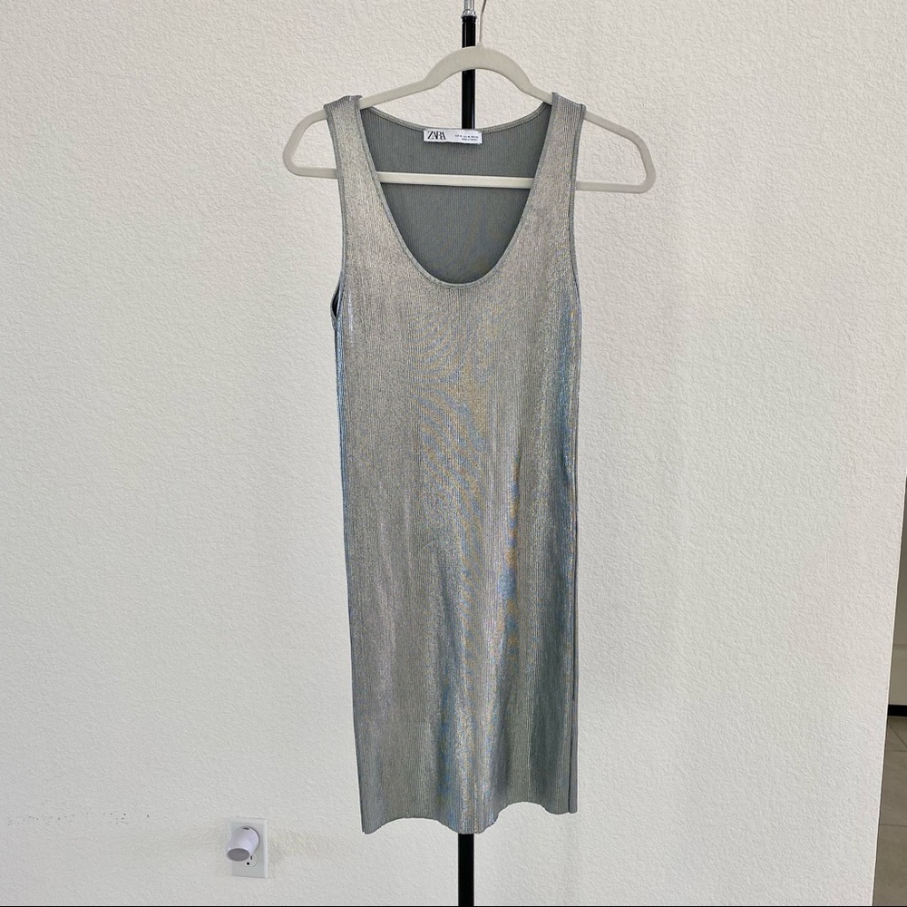 ZARA Silver Metallic Ribbed Mini Dress - Picture 3 of 10